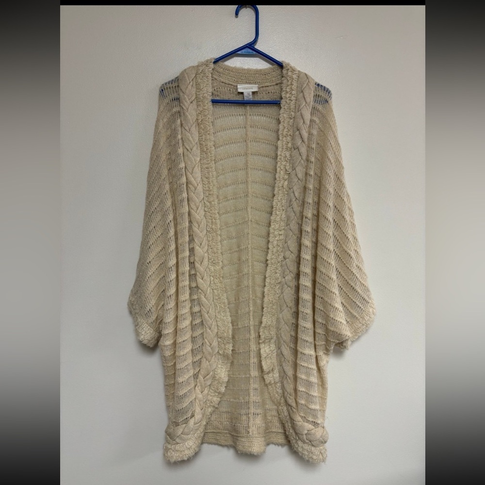 Chico’s sweater cardigan long wool blend open dolman sleeves cream ivory L XL